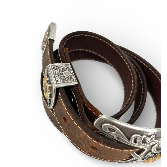 Vintage 90\'s Brown Belt XL Western mixed metal boho cowgirl daisies artisan main image 7